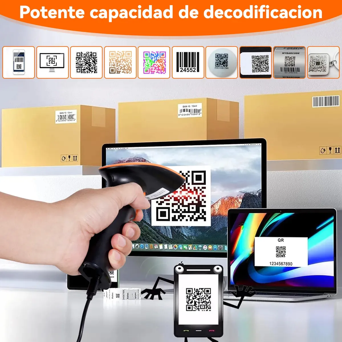 Escáner de códigos de barras inalámbrico 1D/2D con receptor USB - Imagen 2
